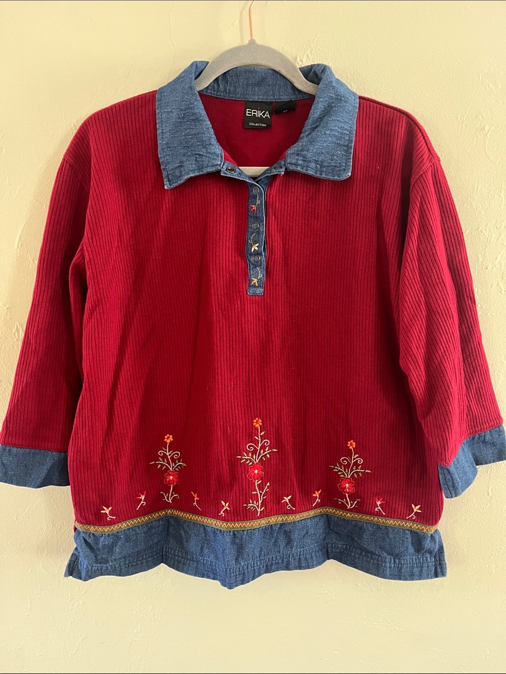 Erika Red Ribbed Short-Sleeve Top with Blue Denim Trim and Floral Embroidery